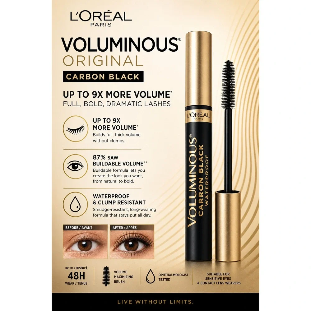 3 Pack L'Oreal Voluminous Original Waterproof Mascara Carbon Black 395‎